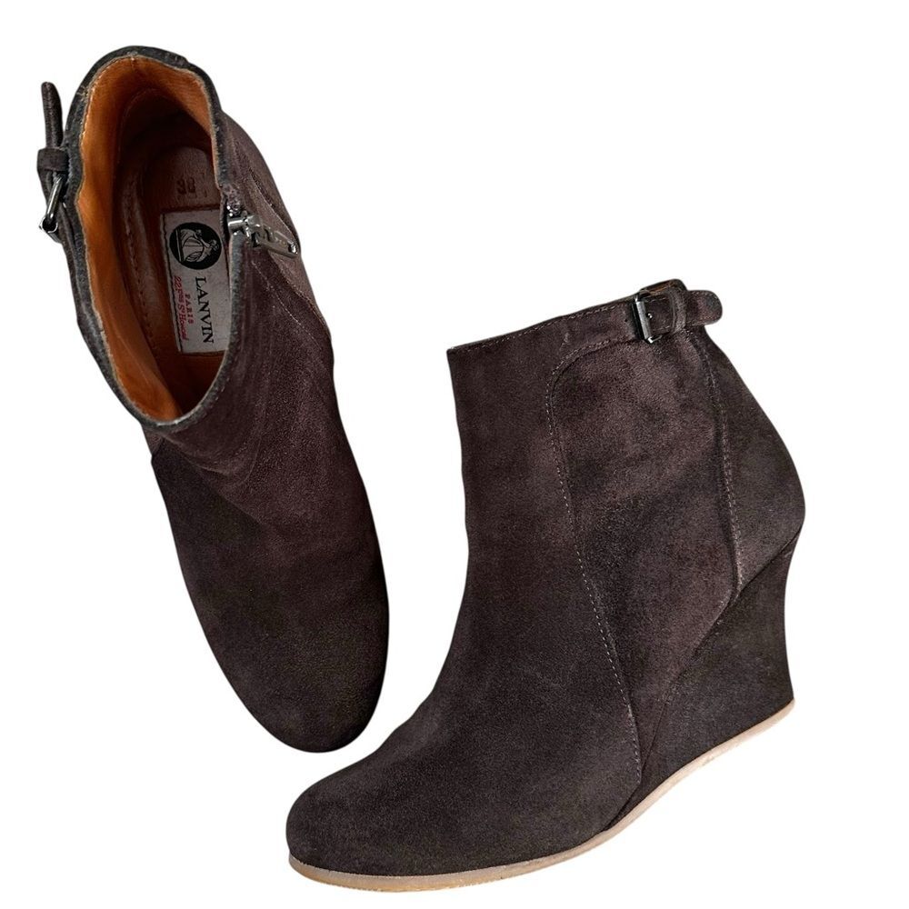 Lanvin Women’s Suede Zip Wedge Ankle Boots Size 38 Brown
